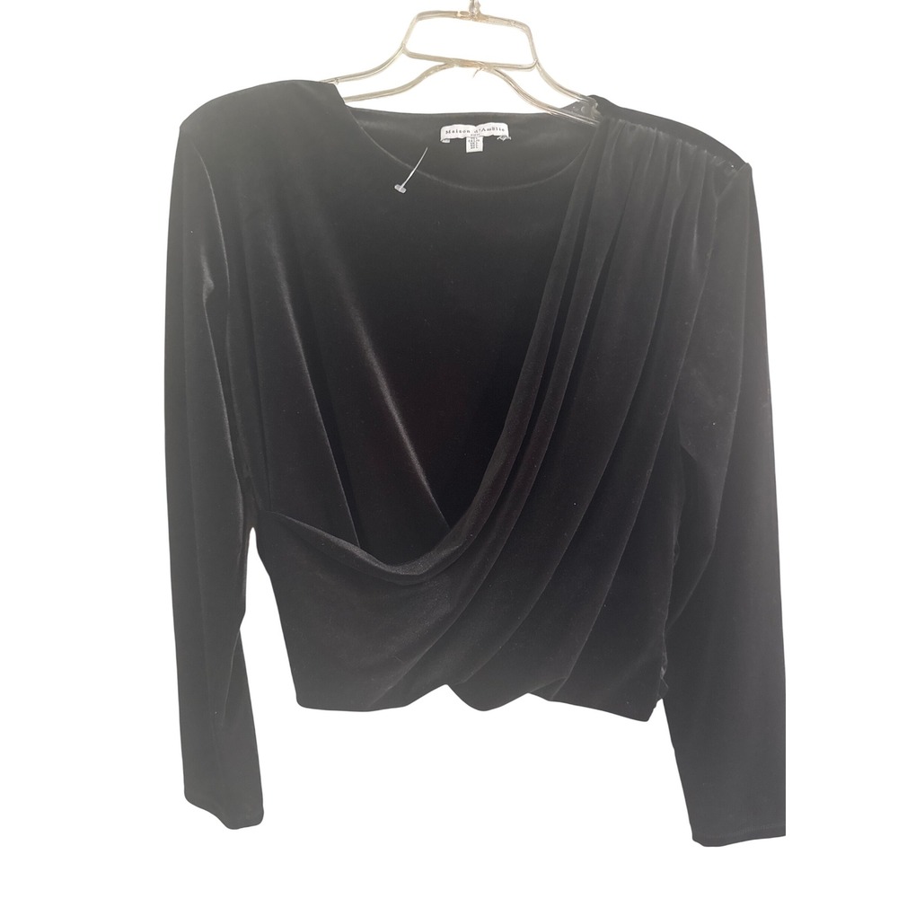 Maison d'Amelie Women Top Size Large Black Velveteen Faux Wrap Long Sleeve Crop
